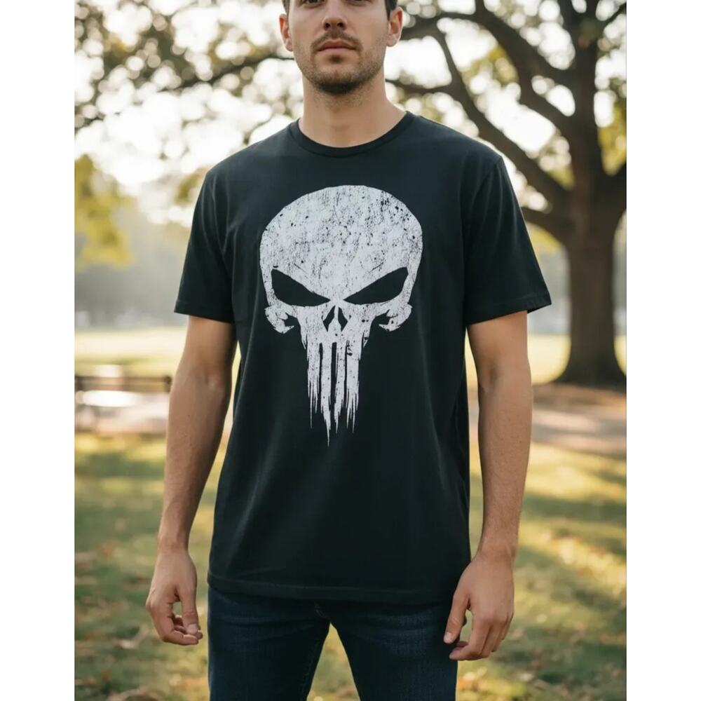Marvel Punisher T-Shirt Men’s XL Black Textured Skull Logo Graphic